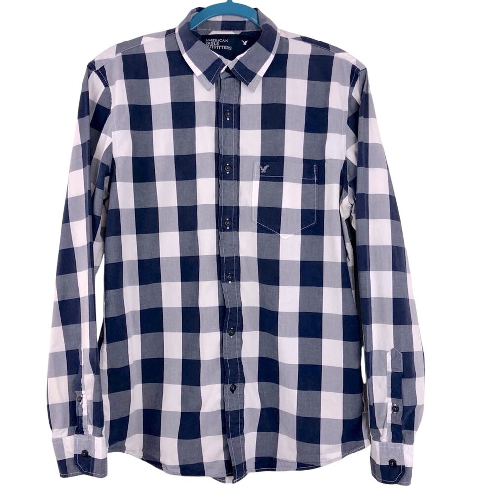 Men's American Eagle Vintage Fit Blue White Buffalo Plaid Shirt Long Sleeve - Picture 3 of 16